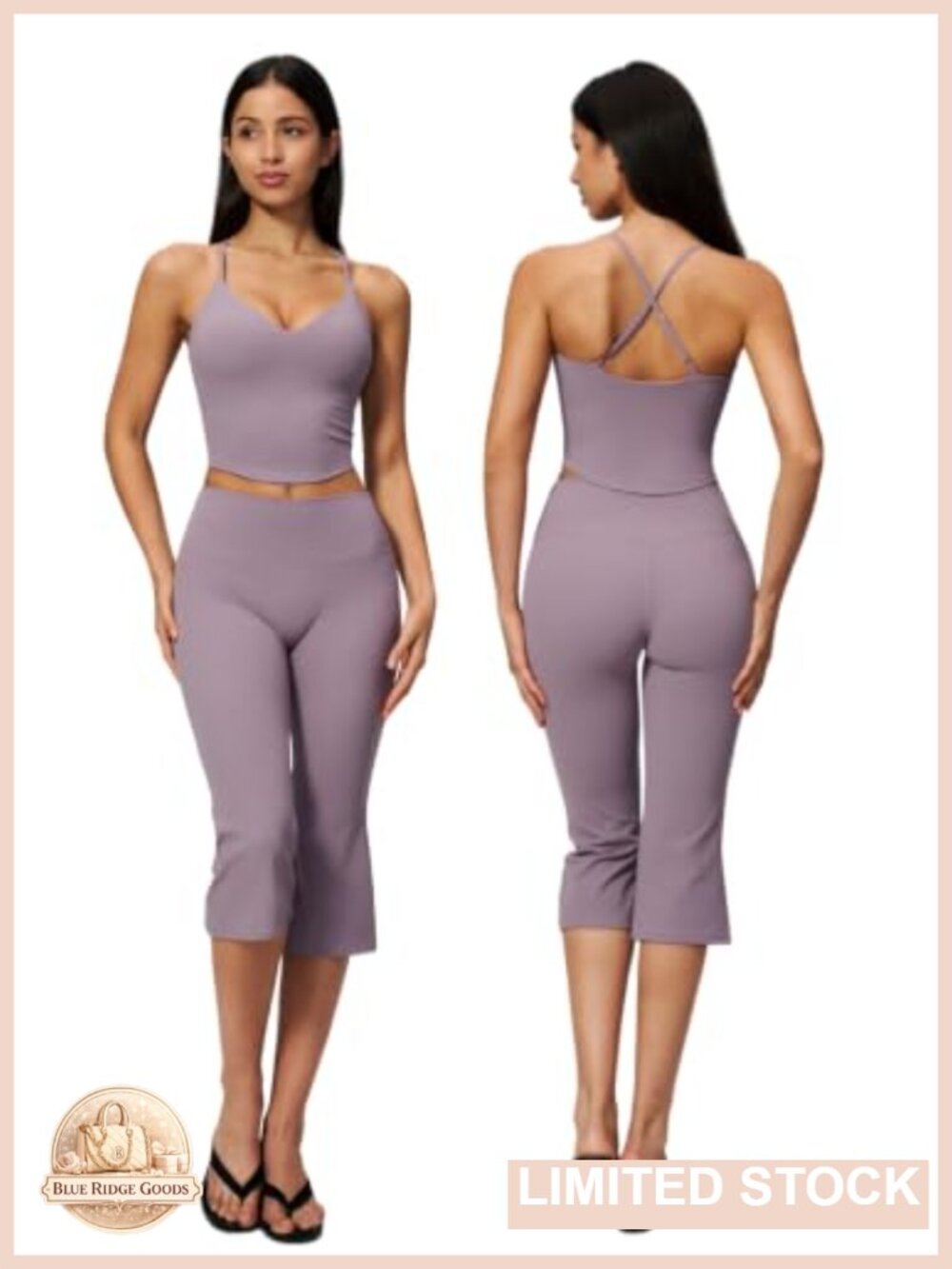 Two Piece Workout Set Flared Capri Leggings Cross Back Tank Top Gym Yoga